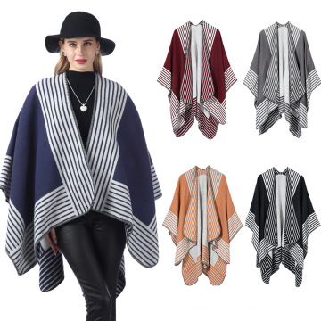 Stripe Printing Design Fashion Acrylic Poncho Cloak Wholesale Thick Warm Multicolor Poncho Shawls for  Women Wool Spinning Shawl